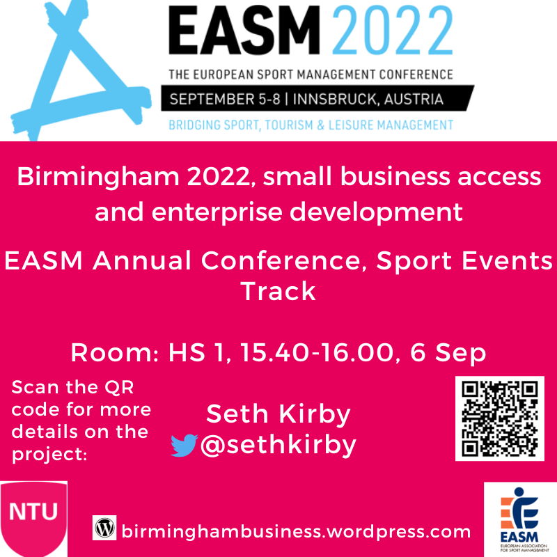 sethkirby's tweet photo. Excited to be part of another @EASMBoard conference in #Innsbruck next week! Will be presenting on #Birmingham2022, #smallbiz and enterprise.
If you’re attending feel free to get in touch and we can meet up! @2022Easm #EASM2022 #majorsportingevents #SportManagementClub https://t.co/SpAe59WmQ0