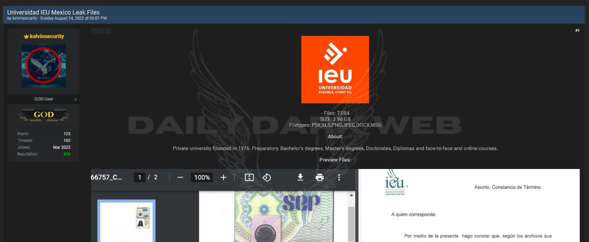 DailyDarkWeb's tweet photo. #Mexico 🇲🇽 - Sensitive Data of IEU Universidad are #Leaked by KelvinSecurity #Databreacher
This dataset includes 7,084 files.
They are a private #university founded in 1976, dedicated to Higher Education.
#DarkWeb https://t.co/MmHsBs5wnj