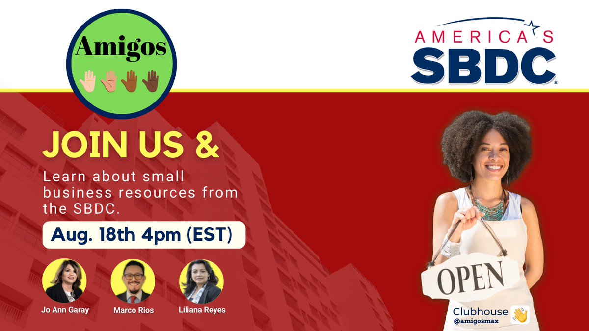 danay's tweet photo. 📣 Join @amigosmaxx on @Clubhouse to learn how your local Small Biz Dev Centers can help you grow your #smallbiz with #funding, marketing, #bizplans &amp; more!
Date: Thursday 8/18/22
Time: 4:00 PM EST
👉 https://t.co/rAYjW6nsUw
@SCSBDC @NMSBDCNetwork https://t.co/47iFtKg406