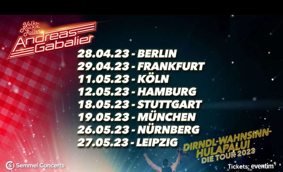 ❤ Andreas Gabalier <a href="/VolksRocknRolla/">Andreas Gabalier</a> Tour 2023 
Termine ❤
#dirndlwahnsinn 
#hulapalu
#tour2023