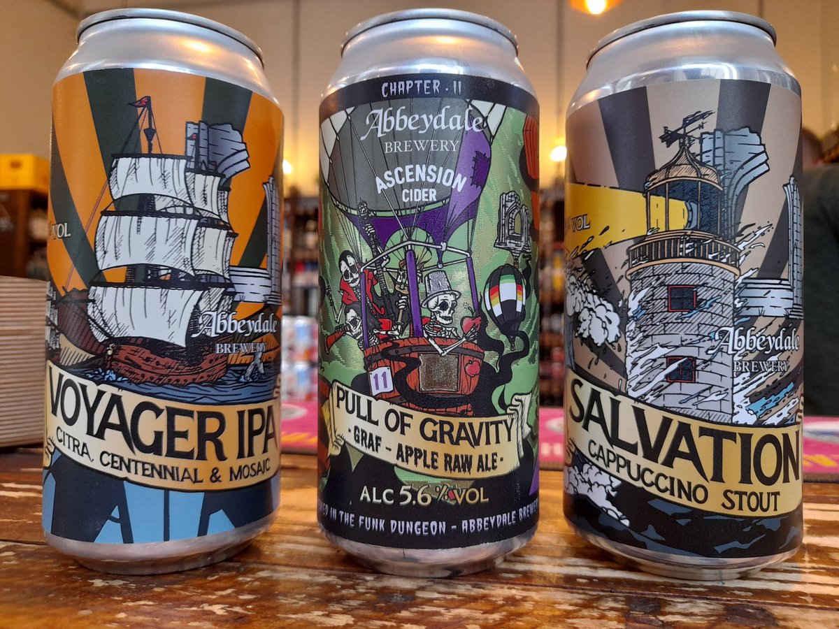 Fresh in from #Sheffield's @AbbeydaleBeers All #glutenfree From the left: VOYAGER IPA Citra, Centennial & Mosaic. Juicy. Hazy. Tropical. PULL OF GRAVITY From the Funk Dungeon, a collab. with @AscensionCider Graf - Apple Raw Pale With 'Rescue Apples' SALVATION Cappuccino Stout