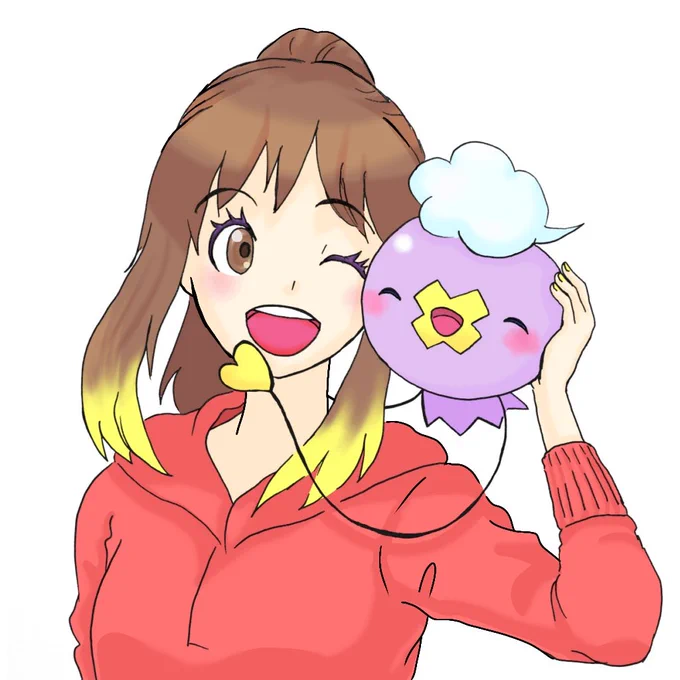 さりげなく相棒とおそろいになれる、ポケモンカラーメイクがあったら楽しそうだなと思って描いてみた。フワンテのおててをイメージしたヘアカラー&amp;ネイルと紫色のマスカラ(モデルはポケGOの女性トレーナー) 