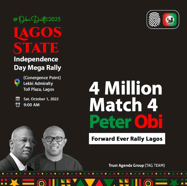 AsiwajuWords's tweet photo. OBIDIENTS IN LAGOS LETS MAKE SOME NOISE🕺🕺💃💃

Lagos State independence Day mega Rally📌
______________________________________
Convergence Point : Lekki Admiralty Toll Plaza,

Date: sat.1st of oct 2022

Time: 9am
#Obidatti2023 #PeterObi4President2023 #PeterObi https://t.co/ArwK7O7QB8