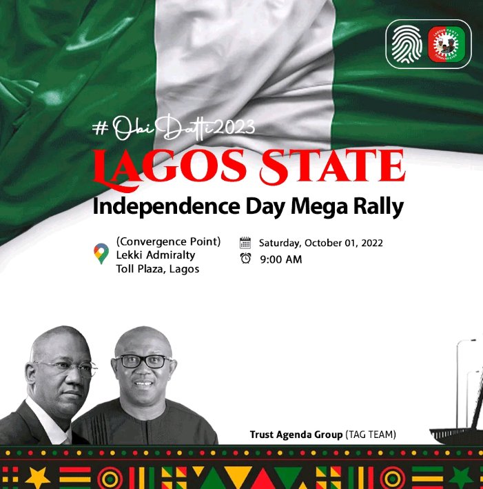 AsiwajuWords's tweet photo. OBIDIENTS IN LAGOS LETS MAKE SOME NOISE🕺🕺💃💃

Lagos State independence Day mega Rally📌
______________________________________
Convergence Point : Lekki Admiralty Toll Plaza,

Date: sat.1st of oct 2022

Time: 9am
#Obidatti2023 #PeterObi4President2023 #PeterObi https://t.co/ArwK7O7QB8