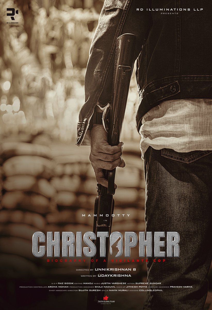 FilmChristopher's tweet photo. Proudly presenting you the Title poster of #Christopher , Starring @mammukka , Written by #Udayakrishna , Directed by @unnikrishnanb &amp; Produced by #RDIlluminations 

#Mammootty #ChristopherMovie https://t.co/Ug3vk8xHUl
