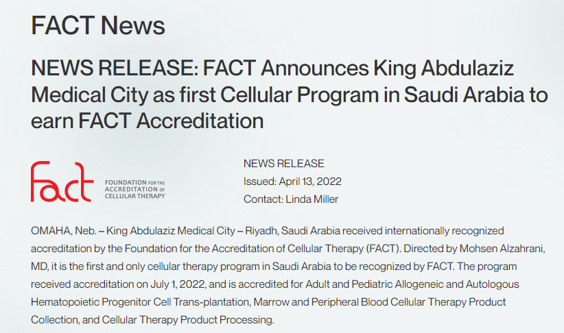 NGHAnews's tweet photo. Praise be to Allah for this success; the stem cell transplantation program in King Abdulaziz Medical City in Riyadh has obtained quality accreditation from the international organization FACT (Foundation for The Accreditation of Cellular Therapy). https://t.co/WYsvcsv0Wk