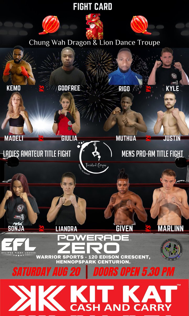 WSACenturion's tweet photo. Let's goooo Warriors! Come support Madeli and Kru Marlinn fighting on Saturday at EFL05. Doors open 17h30 for 18h00. 🔥💪🏻🙏🏻

#warriorsportsacademy #muaythaitraining #muaythai #EFL05 #ECLIPSEFIGHTLEAGUE #muaythaifighter #fightnight https://t.co/EQiX3Q8BaC
