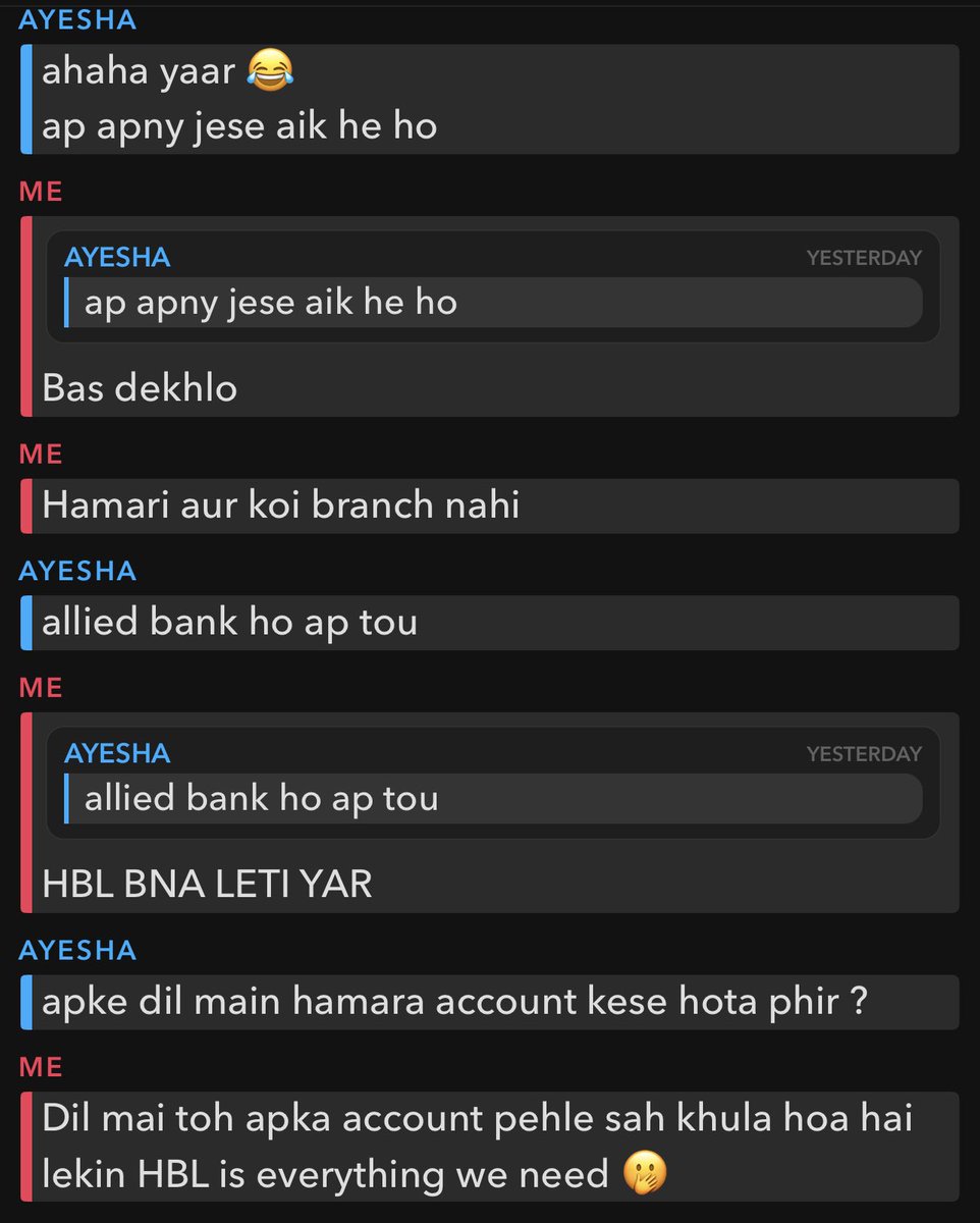 itssnoms's tweet photo. Ayesha is team @ABLpk because “apkey dil mai hamara account” and i am team @HBLPak because HBL is #everythingweneed https://t.co/d7WWPPuczP