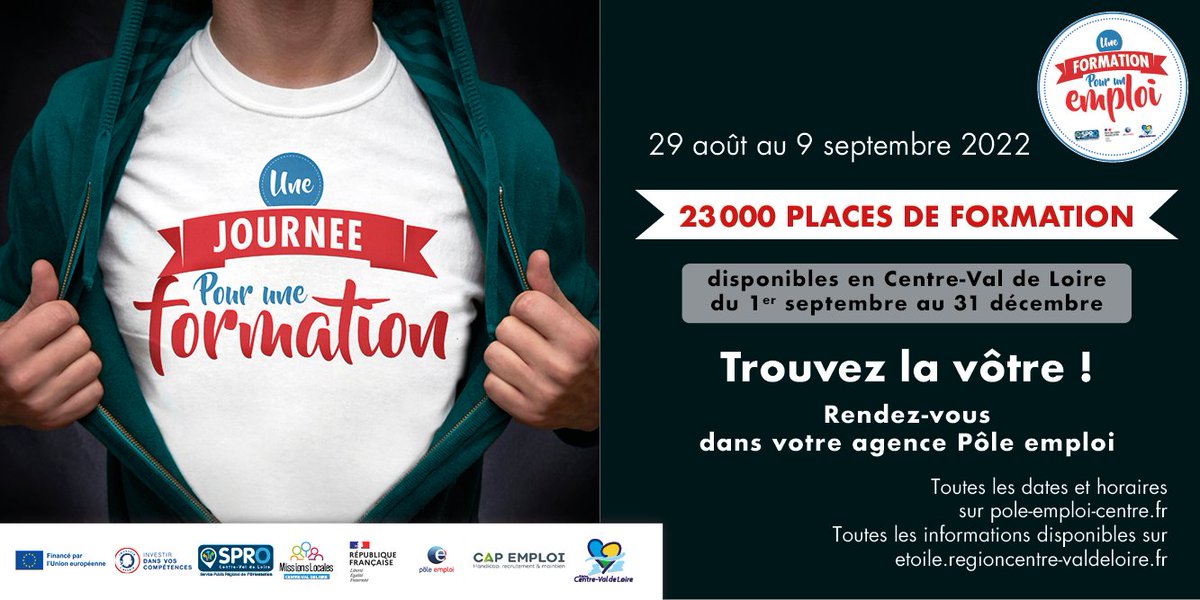 HerveJouanneau's tweet photo. La @RCValdeLoire , @poleemploi_RCVL ,Cap emploi et les Missions Locales,s’associent pour proposer une nouvelle édition d' « Une journée pour une formation ».
👉+ de 40 RDV « formation » proposés du 29/8 au 9/9, et 23 000 places de formation disponibles !
👉https://t.co/419F3aEAon https://t.co/E6EetNr4Zs