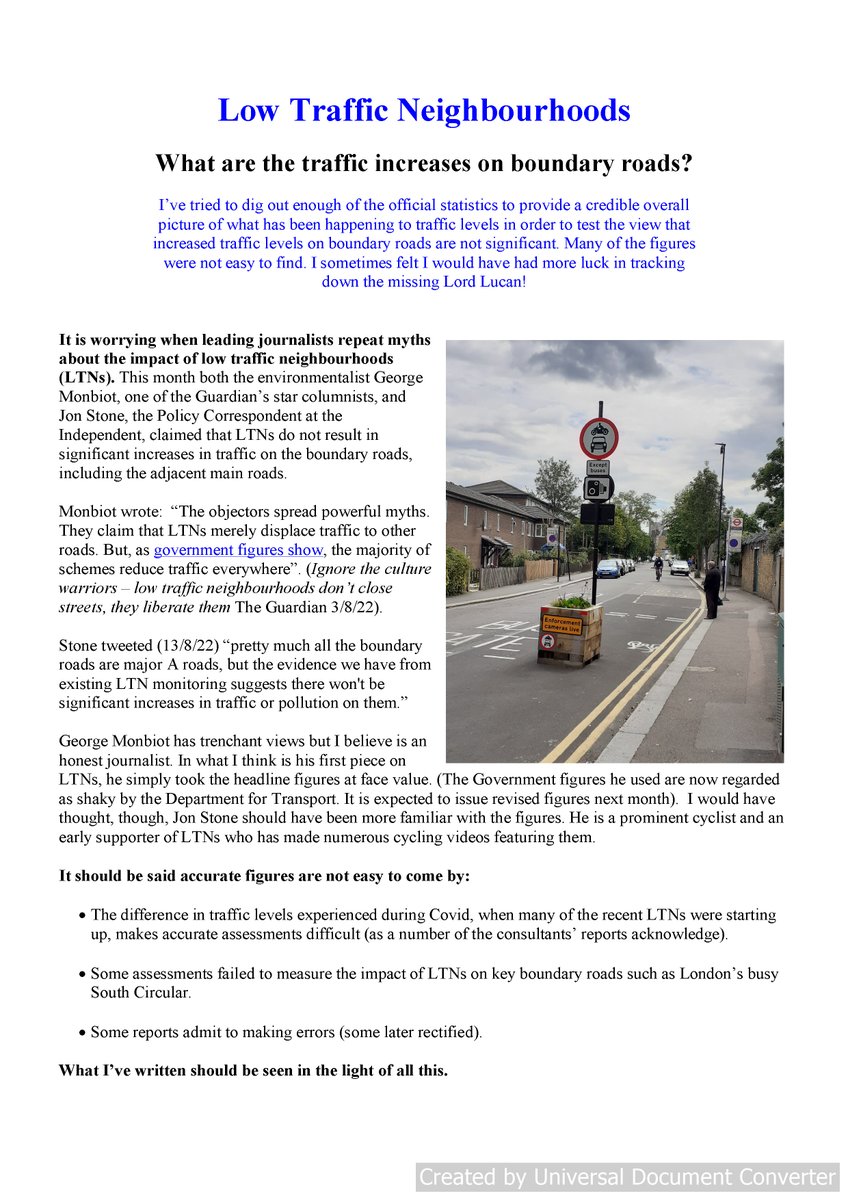 Two leading journalists, the Guardian's @GeorgeMonbiot & the Independent's @joncstone recently repeated the notion LTNs do not result in significant traffic increases on boundary roads I've compiled this 6 page report showing increases can be significant uknoiseassociation.com/uploads/4/1/4/…