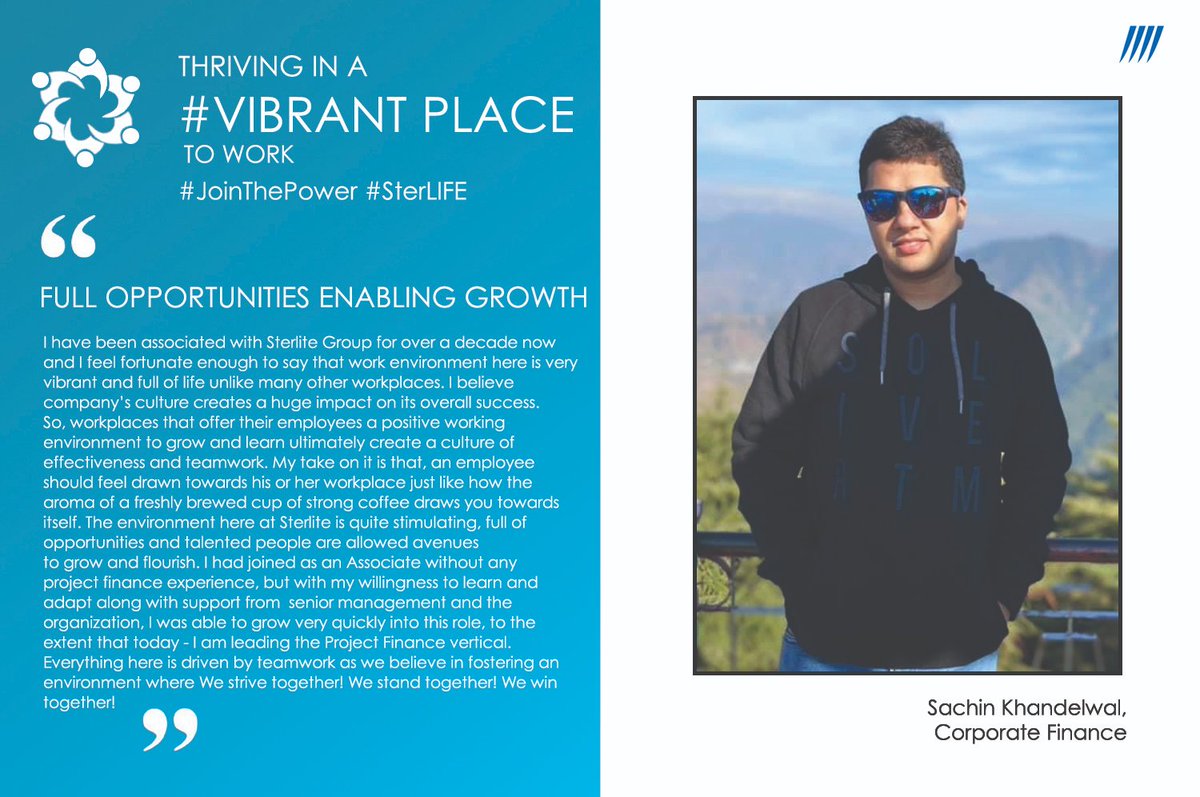 SterlitElectric's tweet photo. Meet Sachin Khandelwal, as he shares his insights on how the vibrant and collaborative work culture has provided him with the right milieu to grow and flourish.
#JoinThePower #SterLIFE #EVP #WorkFam https://t.co/q3vuA5HLlo
