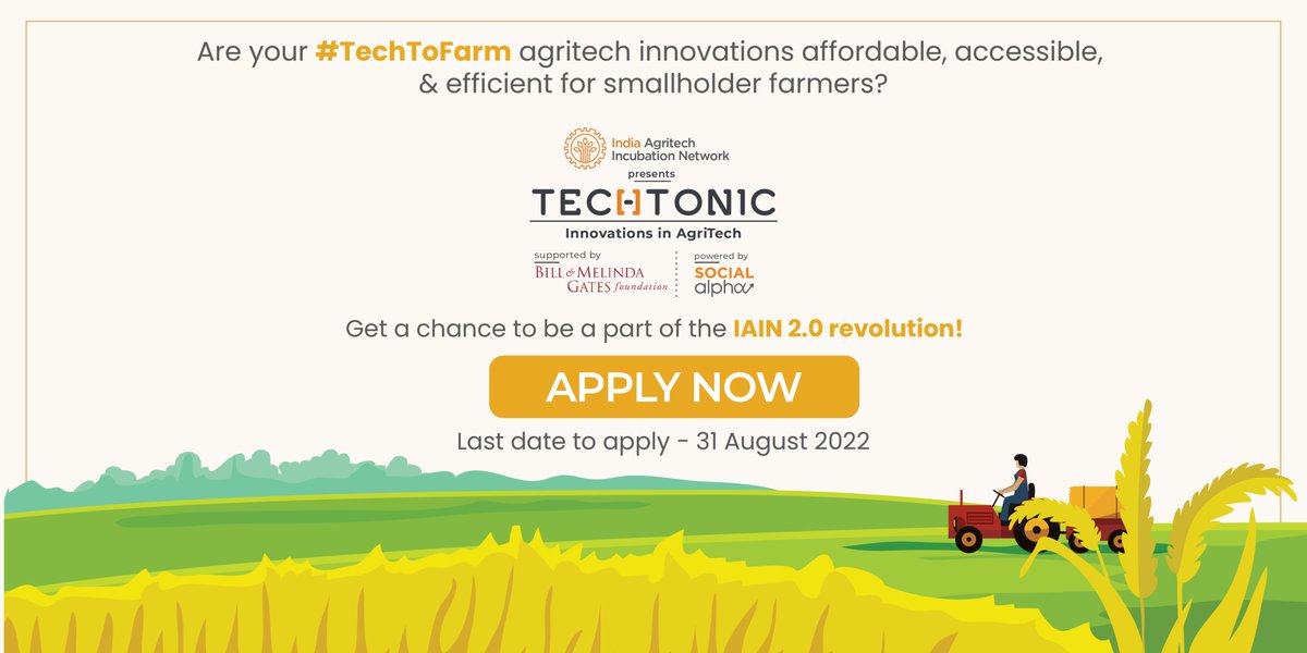 SocialAlphaIN's tweet photo. IAIN 2.0 invites agritech innovations that are affordable, accessible, & efficient for smallholder farmers in Uttar Pradesh and Odisha!
Selected startups will receive tech & business support through our venture acceleration model to take their innovations from #TechToFarm! https://t.co/mgHDKz2asW