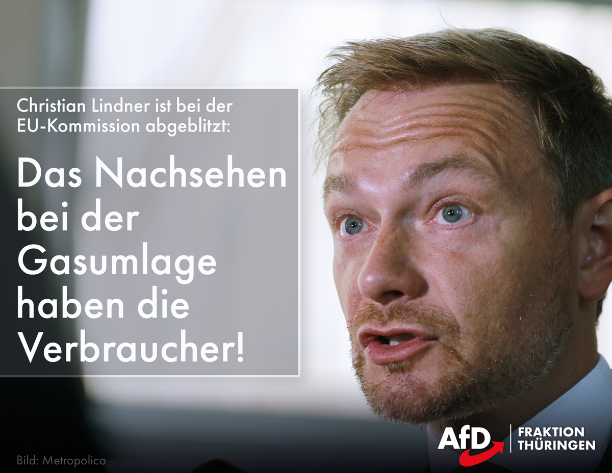 Eine herbe Niederlage für die Bundesregierung: Die ohnehin umstrittene Gasumlage soll nach Vorgaben aus Brüssel nun doch zusätzlich mit der Mehrwertsteuer belegt werden, obwohl der Wegfall der Steuer vollmundig zugesagt wurde. 
facebook.com/afd.thl/photos…
