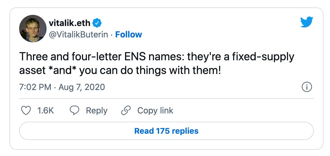 asedomains's tweet photo. Vitalik's words from two years ago were prophetic!

ENS is ON FIRE!!!

CLAIM YOUR NAME TODAY!

Apply for the name you want: https://t.co/oc1ZAebglF

Join the Discord: https://t.co/KjzJSeBLfn

#ethereumnameservice #ENS
#Polygon https://t.co/Y2IjrnyH0r