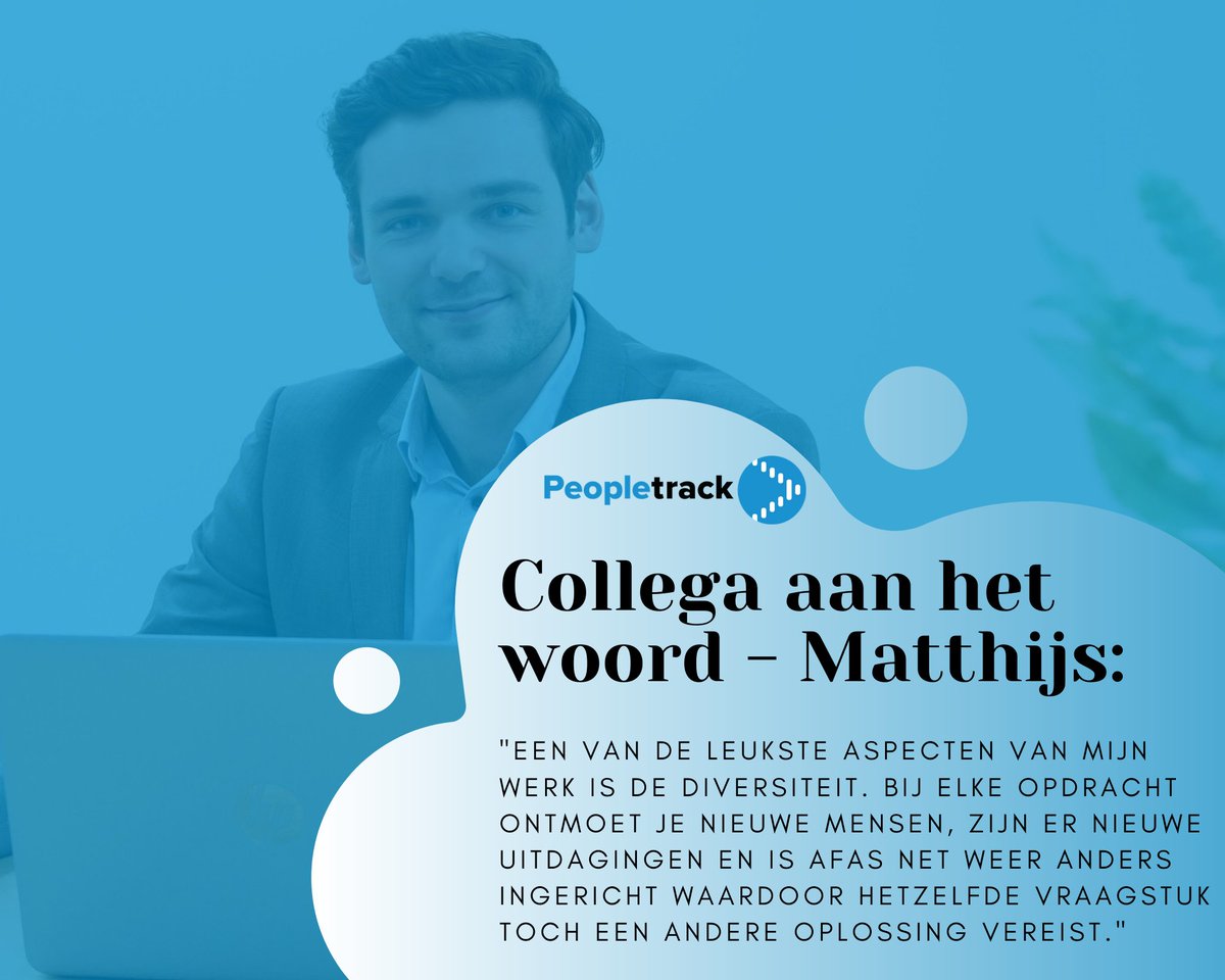 Peopletrack_'s tweet photo. Wat houdt werken bij Peopletrack in... 💭 Wie kunnen dat beter vertellen dan onze eigen collega's?! 
👉🏼Dit keer onze collega Matthijs aan het woord over zijn functie bij het Expertise Center.
Lees zijn verhaal: https://t.co/eh94nKDeaX
#collega #werkenbij #peopletrack #afas https://t.co/64knX7xpLL