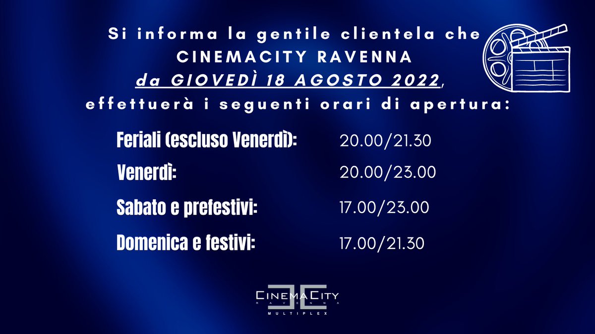 Nuovi orari di apertura al pubblico da Giovedì 18 Agosto 2022: - feriali (escluso Venerdì): 20.00/21.30 - Venerdì: 20.00/23.00 - Sabato e prefestivi: 17.00/23.00 - Domenica e festivi: 17.00/21.30 👉🏻 Scopri la programmazione completa su: cinemacityravenna.it #Cinemacityravenna