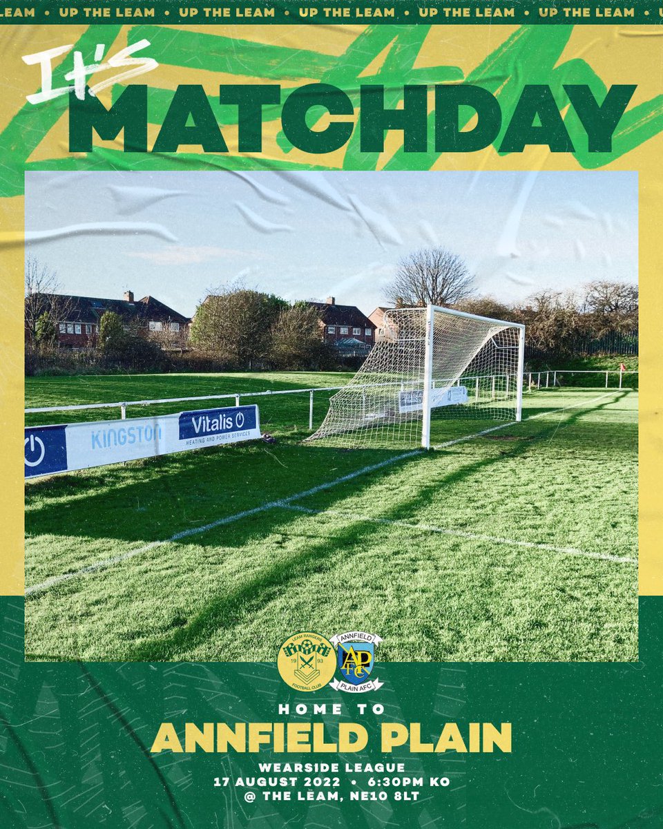 𝗠𝗔𝗧𝗖𝗛𝗗𝗔𝗬 — We’re at home again this evening as <a href="/Annfield_Plain/">Annfield Plain AFC</a> make the trip to the Leam.

🆚 Annfield Plain
🏆 <a href="/WearsideLeague/">Wearside League</a> 
⏰ 6:30PM KO
🏟 The Leam, NE10 8LT
🎟 £3 (£1 Concessions)

#UpTheLeam #UTL 🔰