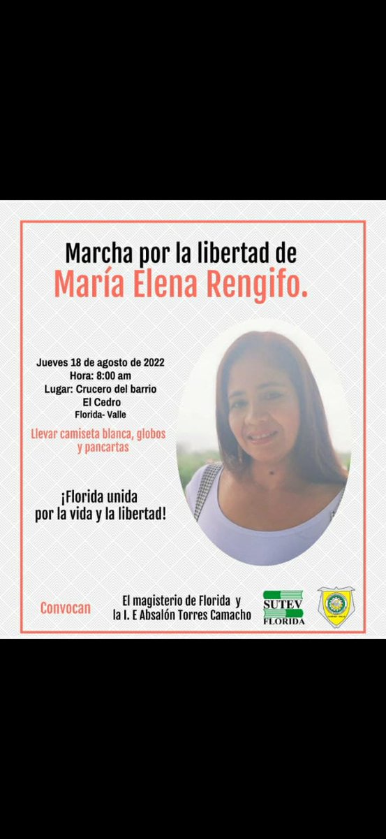 ASIEVA7's tweet photo. Cómo ASIEVA nos sumamos a las voces, para solicitar el pronto regreso de María Elena Rengifo!!!  ..Por la Paz y la Reconciliación Nacional!! https://t.co/rix3108ndY