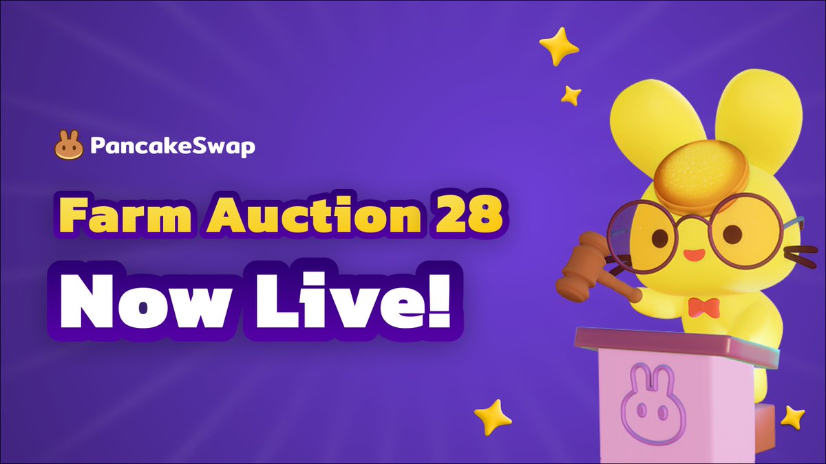 PancakeSwap's tweet photo. 🔨🥞 Farm Auction #28 starting now!

21 projects join the bidding for Farms this week, bidding $CAKE to win.

Watch the auction in progress:
👉 https://t.co/dlRpSurFZl https://t.co/w0jkM1Ok9I