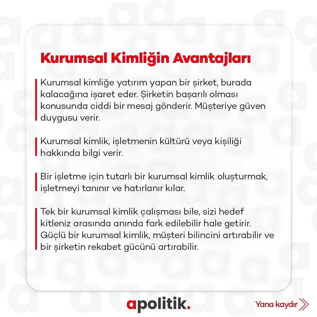 👉“Kurumsal Kimlik Neden Önemli?” 👈

Bu bilgileri yararlı buluyorsanız gönderiyi beğenmeyi unutmayın 🤗

#grafiktasarım #içeriküretimi #kurumsalkimlik #kurumsalkimliknedir #sosyalmedyayönetimi #sosyalmedyaajansı #apolitik #grafiker #dijital #organizasyon #ajans #carsamba