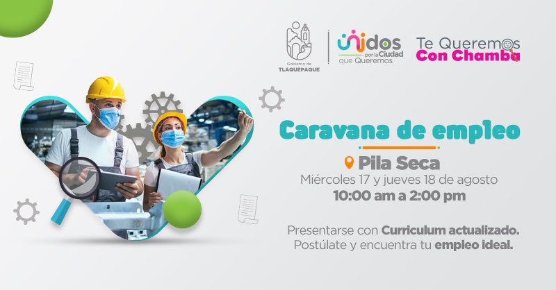 Si estás buscando trabajo esta es una oportunidad perfecta a través de la caravana del programa Te Queremos con Chamba que estará el día de hoy y mañana en la Unidad Administrativa Pila Seca.

Es importante que lleves tu currículum o tu solicitud actualizada.