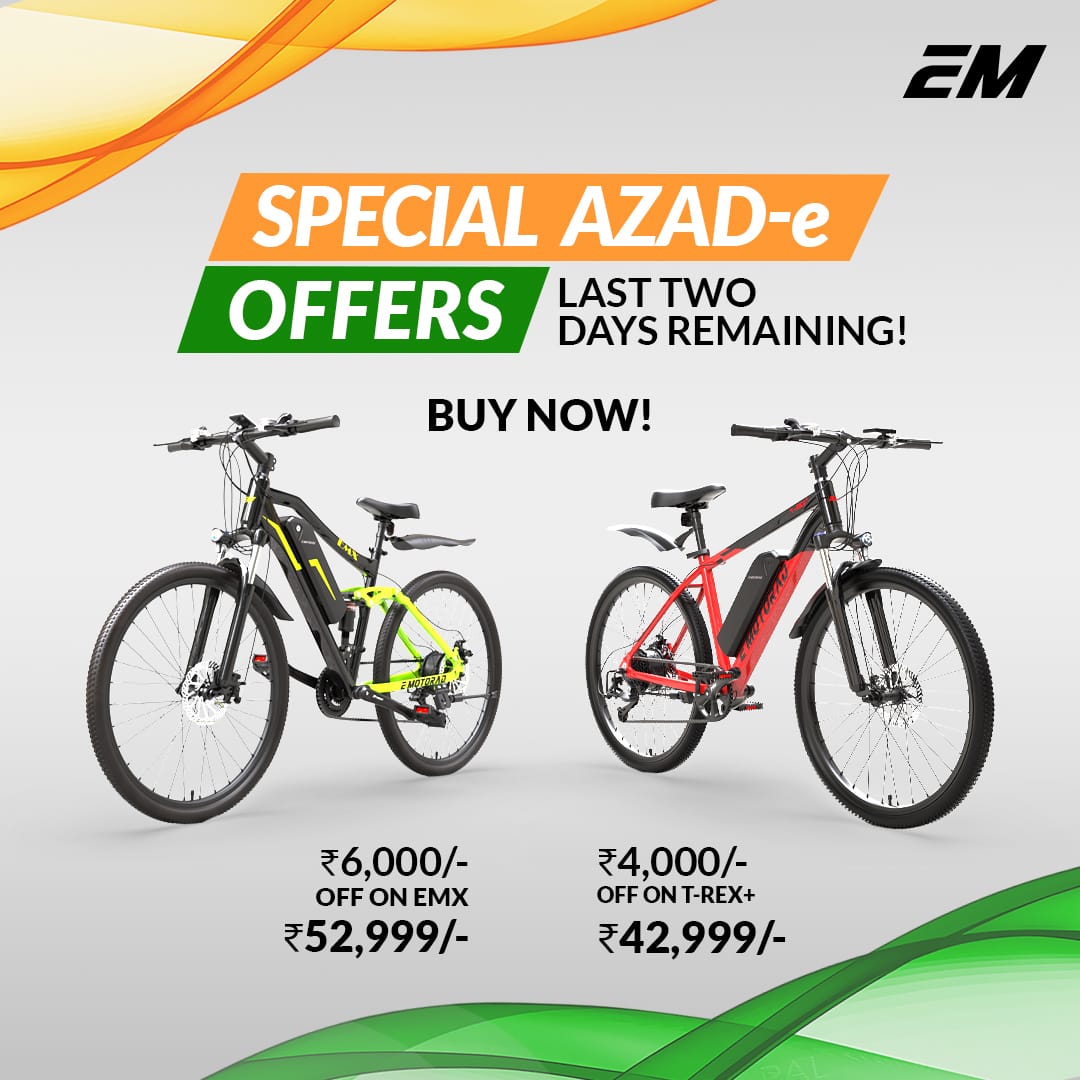 e_motorad's tweet image. It’s raining discounts!!

Special Azad-e Offer by EMotorad ends soon.
Rs.6000 off on EMX | Rs.4000 off on T-REX+
Hurry up and buy now!
Book your test ride now on emotorad.com or call us at 8686 0505 90 

#SpecialAzadiOffer #AzadiOffer #SpecialDiscount