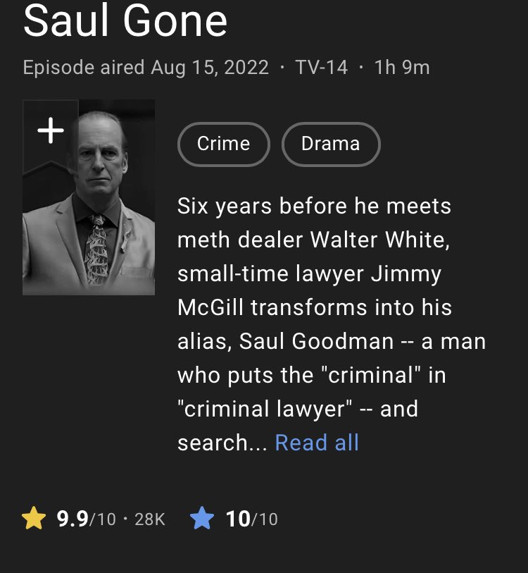 Better Call Saul has gotten to 9.0 rating on IMDb as it deserves