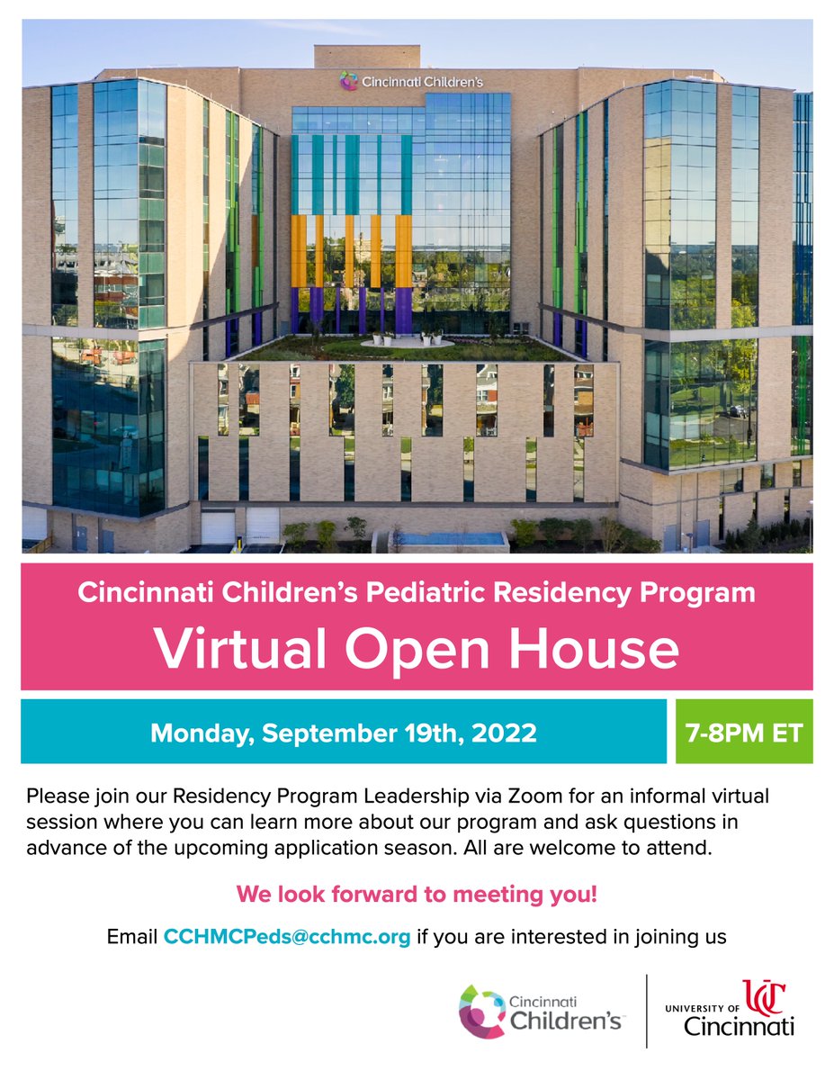 CincyPedsRes's tweet photo. We are hosting a virtual open house session this year on Monday, September 19 at 7PM ET. Registration details in the image. We are looking forward to answering your questions about @CincyPedsRes &amp; meeting our future pediatricians! #PedsMatch23 #Match2023  #PedsTwitter https://t.co/O5BUkXWzos