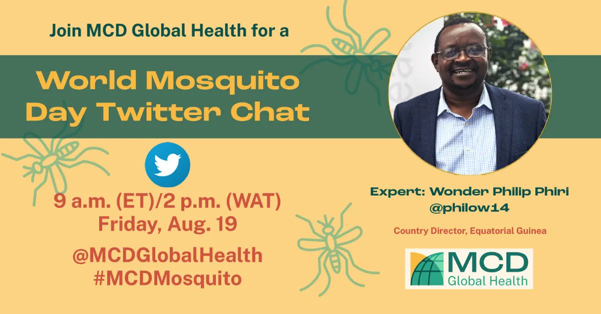 📢T-MINUS 2 DAYS until our #TwitterChat for #WorldMosquitoDay: 9 a.m. ET Aug. 19! Expert @philow14 will dive into how mosquito behavior is changing and how MCD is adapting to it in terms of prevention/control. #MCDMosquito #WMD #GlobalHealth #Malaria #endmalaria