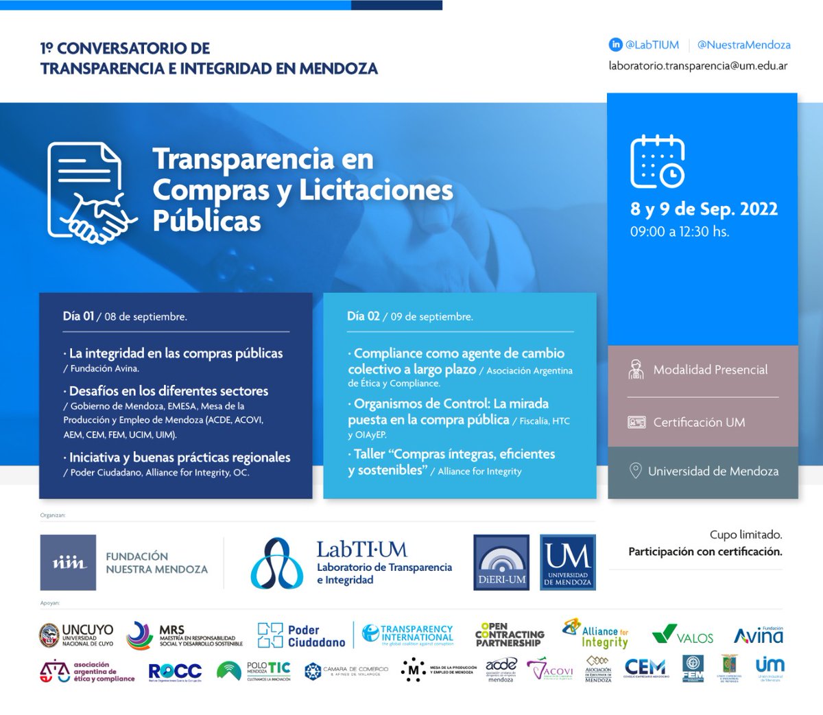 Una sociedad más justa requiere integridad en las compras y contrataciones públicas y tanto el sector Público como el Privado pueden y deben aportar para que esto suceda. 🤝
Inscribite al conversatorio: bit.ly/ConversatorioT…
🗓️08 y 09 de septiembre 2022, de 9 a 12:30 hs.