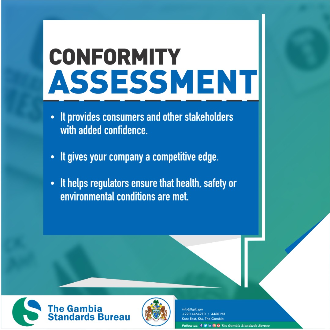 TGSB_Gambia's tweet photo. Conformity Assessment has alot of benefits.
#TGSB #standards #InternationalStandards #Gambia #TheGambia https://t.co/dWAxJEJ2Gp