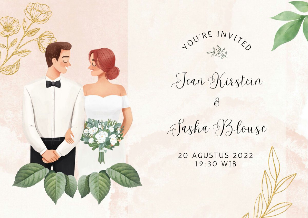 Potablouse's tweet photo. Good day. We're inviting you to our wedding.

The wedding will be held on Saturday, August 20, 2022 at 19:30. We're looking forward for your presence at our wedding.

Sincerely,
Jean Kirstein &amp; Sasha Blouse. https://t.co/XlBtrt0zxZ