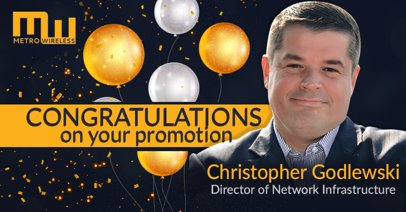 MetroWirelessIN's tweet photo. Metro Wireless congratulates Chris Godlewski on his promotion to Director of Network Infrastructure!

In this new role, Chris takes expanded ownership in managing the network infrastructure for all Metro Wireless offerings.

We wish this A-Player success in his new role! https://t.co/CQsrEJDWcC
