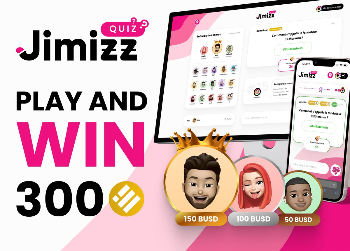 _jimizz's tweet image. 🗓️ Friday (08/19) at 7pm, new game of $JMZ quiz!

💵 300 $BUSD at stake! 

Game in 🇫🇷 or 🇬🇧

You just have to register to our Discord to play 🎮

▶️ bit.ly/3RFl0LJ

#JMZ #GrabTheBullByTheBalls $JMZ