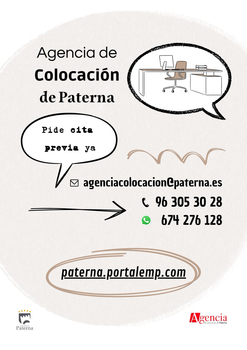 acopat's tweet photo. Pide cita previa:
✉️ agenciacolocacion@paterna.es
☎️ 96 305 30 28
📲 674 276 128
ℹ️ https://t.co/P07CH7Xp1y https://t.co/eZrCXzU892