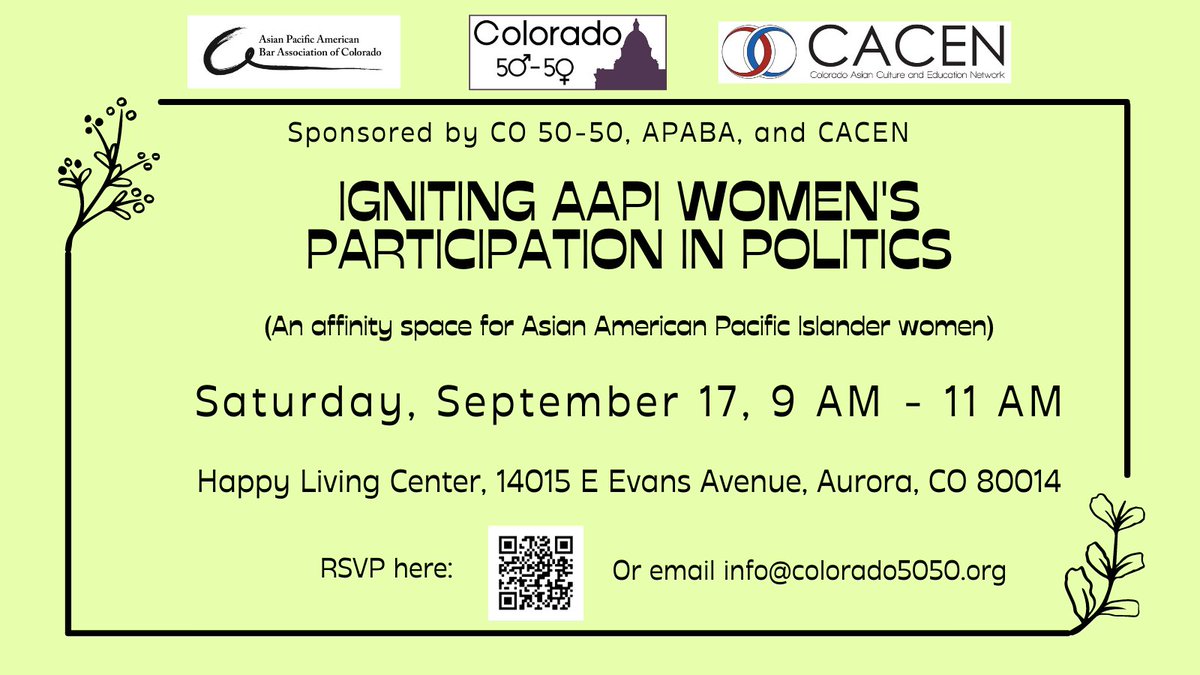 Imagine a world in which more #AAPI women were lifted into leadership. What would #Colorado and this world be like? 

Join us for a brainstorming session on how we can collectively mold such a world into being. Saturday, 9/17, 9 - 11 AM, Aurora. 

#WomenLeaders #COPolitics