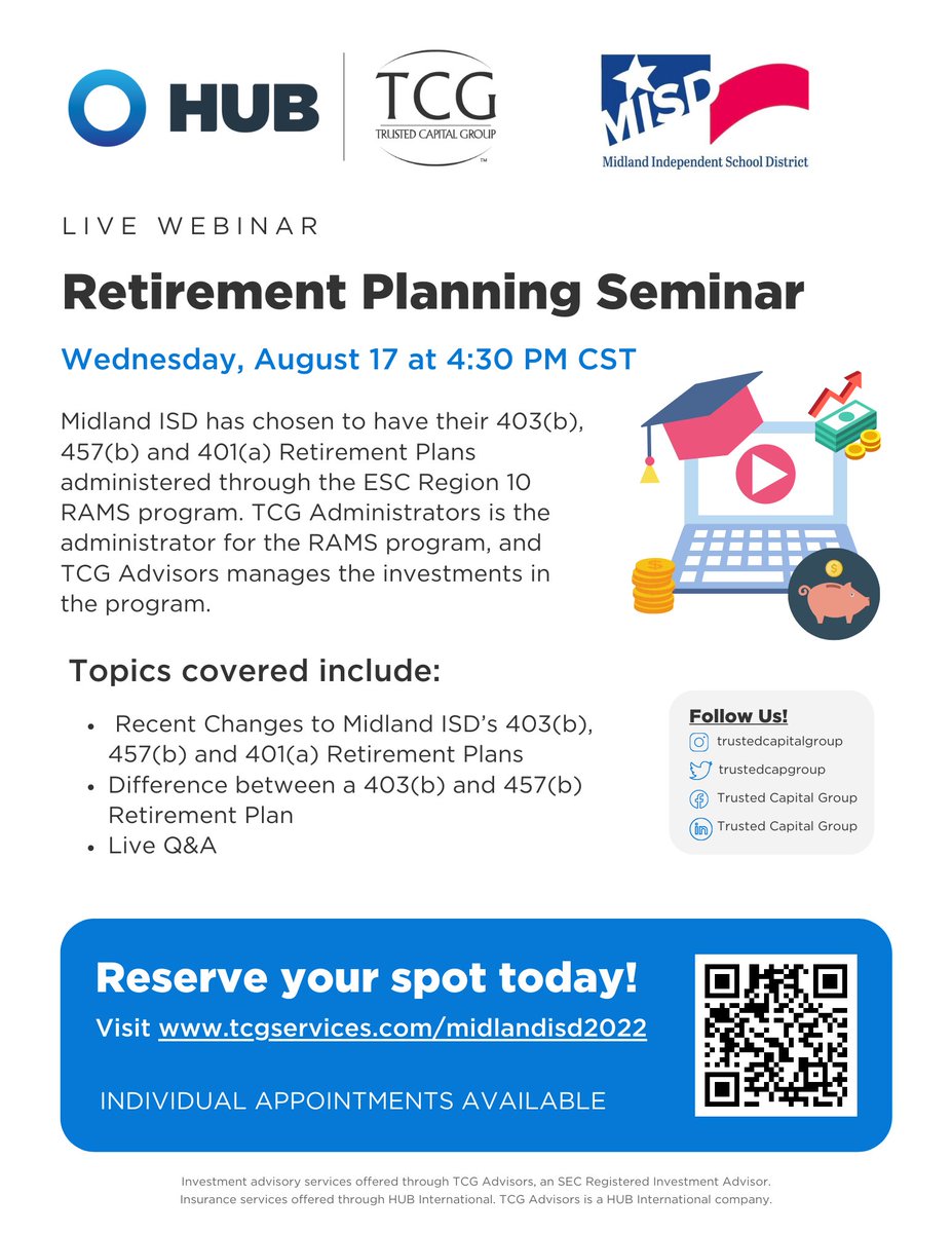 MISD_Benefits's tweet photo. Are you currently investing in a 457/403(b) with Midland ISD? Or are you a Midland ISD employee that is interested in learning how to start investing? Please reserve your spot for a live webinar TODAY at 4:30PM by visiting https://t.co/WXLU6s0kMY to learn more #TCG #TeachMidland https://t.co/OtN8Aol98X