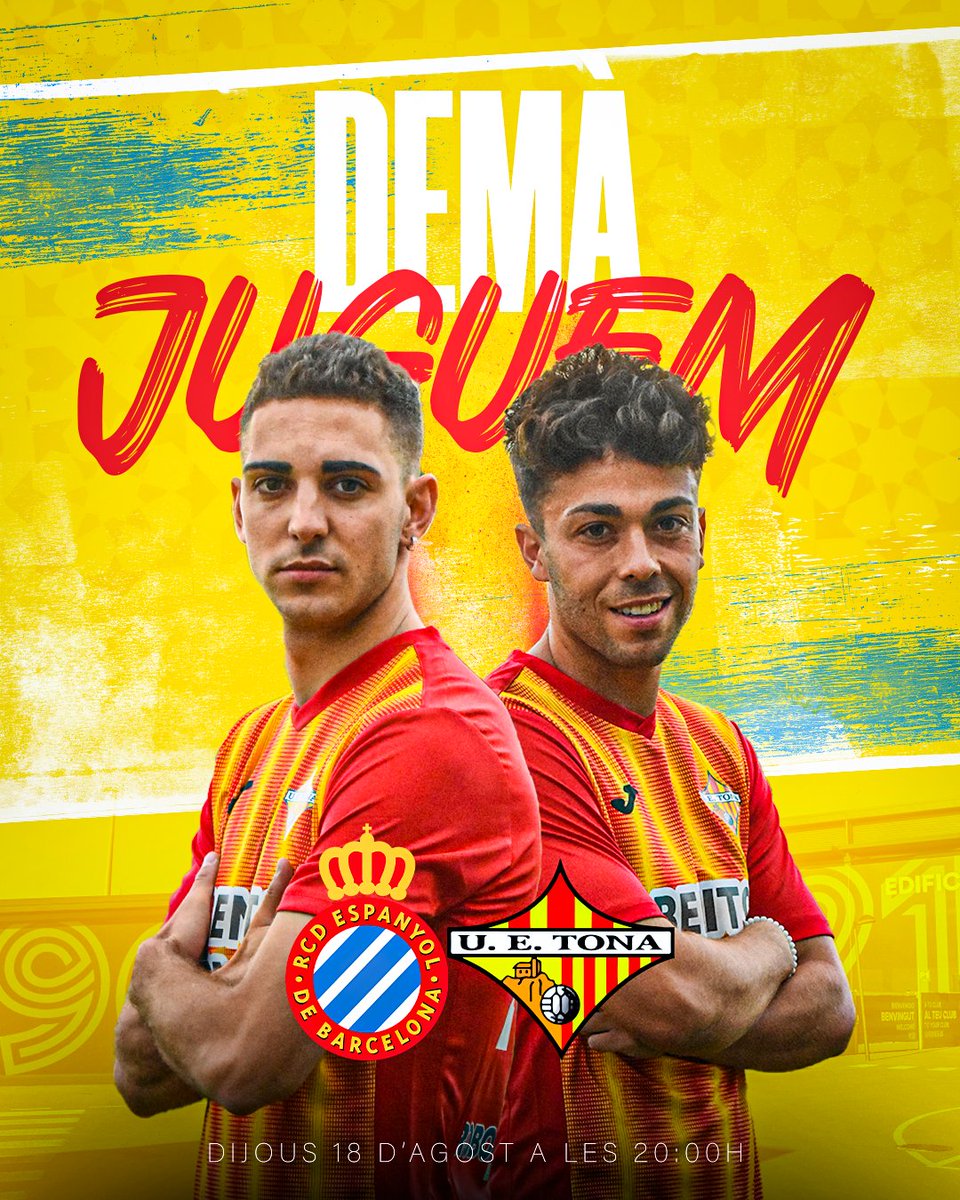DEMÀ JUGUEM!

Ens descplacem a la Ciutat Esportiva Dani Jarque per jugar un amistós vs el Juvenil A de l' <a href="/RCDEspanyol/">RCD Espanyol de Barcelona</a> 🐦

Treball, treball i més treball.

⏰20:00h
🏟️Ciutat Esportiva Dani Jarque
🎟️Entrada lliure

#SomHiTona #Pretemporada #3RFEF