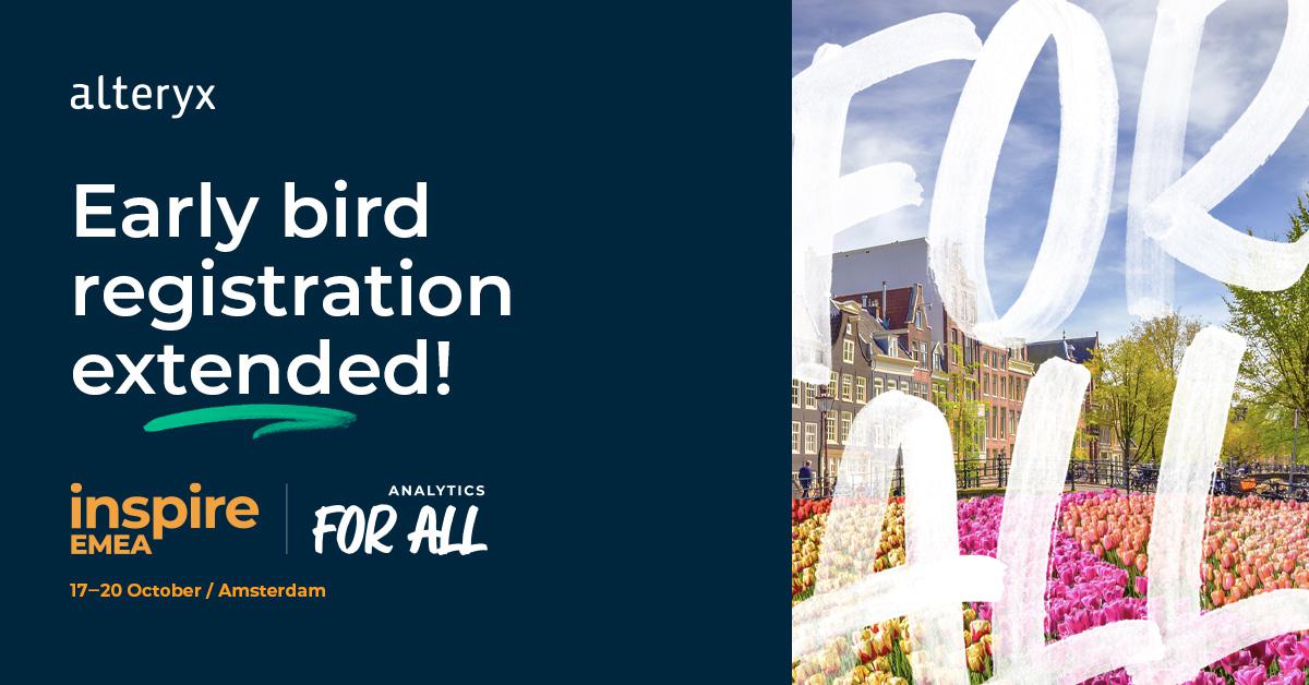 LukeMinors's tweet photo. Psssst. Guess what? We've extended Early Bird pricing for #AlteryxInspire22 EMEA until September 16. Grab your discount while you still can! https://t.co/SmtbN62e62 https://t.co/TP5CRo7lIF