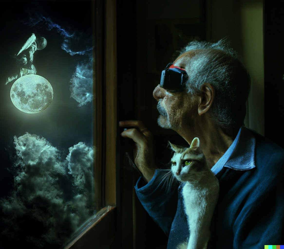 PacoRilda's tweet photo. Don Tomas es un hombre qe vive con su gata  Pelusa quien le acompaña en sus aventuras.
Hace 6 años don Tomas perdio la vista pero antes construyó unos lentes que le ayudar a ver cosas qe solo el podía ver en sus sueños.
Tomas él soñador es una representación visual en AI
#dalle2 https://t.co/SMTO8UoyA8