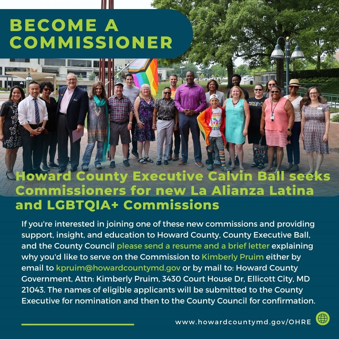 HCOHRE's tweet photo. Apply to become a Commissioner on La Alianza or the LGBTQIA+ Commissions today! @HoCoGovExec @HoCoGov #OHRE #NewCommissions #BecomeACommissioner #StudentCommissionersAreWelcome https://t.co/nSzxuqti0i