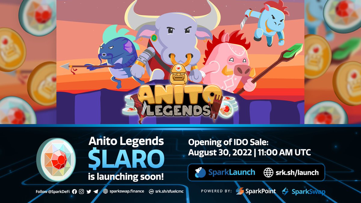 sparkpointio's tweet image. Rocket is getting ready, and the Anitos are praising! 🐮@AnitoLegendsNFT's $LARO token will be live soon on #SparkLaunch! #IDO sale will start on August 30 at 11:00 AM UTC. 🚀
 
We'll keep you posted, so stick with us and visit srk.sh/launch for the project details.