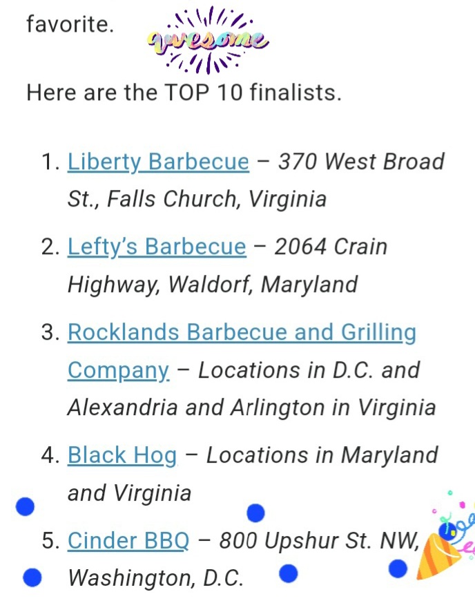 petworthmainst's tweet image. 🎊Bravo @CinderBBQdc! Top 10 Best BBQ 2022 in @WTOP DMV poll🍖 Go #Petworth, go #Uptown!👏