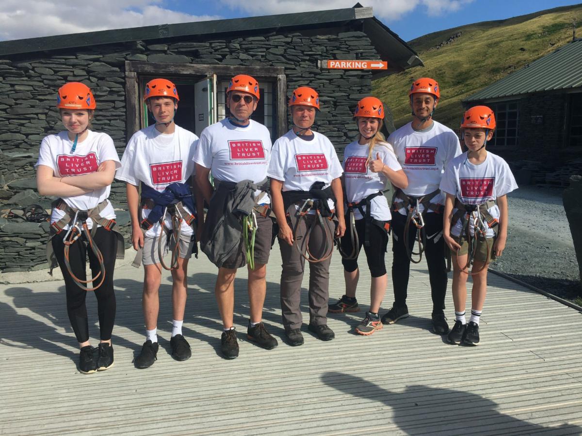 LiverTrust's tweet photo. Huge thanks to Rebecca, Tabby, Nathan, Fin, Pat, Oliver, Tony and Kate who took on the terrifying #InfinityBridge in the @lakedistrictnpa in memory of their loved one, Paul. Well done, everyone! @honisterdotcom #livercancer #fundraisingchallenge #adrenaline #liverdisease https://t.co/itIB2x8Dnq