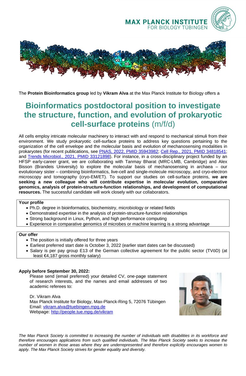 Vikram_Alva's tweet photo. We have a 3-year bioinformatics #postdoc position @MPI_Bio to study exciting #research questions related to the structure, function, and evolution of prokaryotic cell-surface proteins. 
Apply by Sept. 30, 2022.
More info: https://t.co/1DiOza7dqV

Please RT! https://t.co/OXql0TZI13
