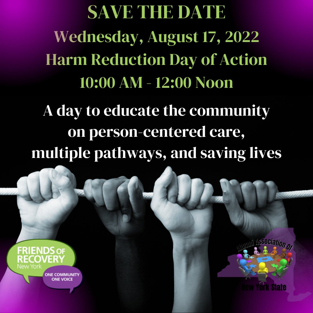 Recovery_NY's tweet photo. Join FOR-NY and the Alumni Association of New York State TODAY for a Virtual Harm Reduction Day of Action starting in 45 minutes! Watch us on FOR-NY's Facebook, YouTube, and Twitter. See you at 10am!
#recovery #harmreduction #dayofaction #FORNY #alumniassociation https://t.co/BRdnl7p3H9