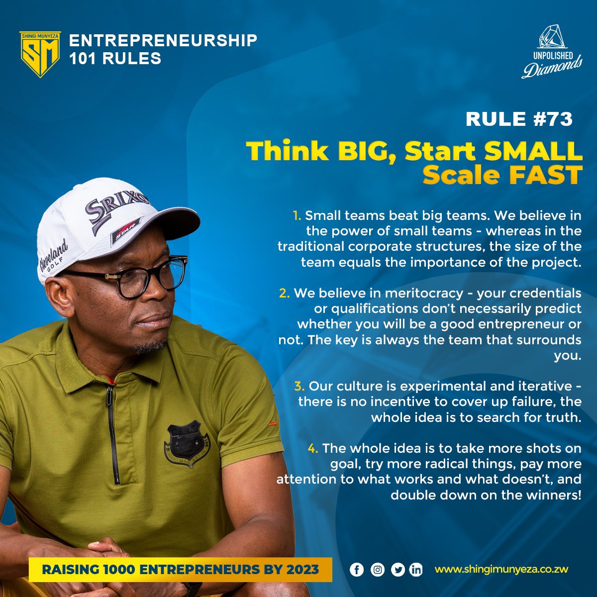 #ENTREPRENEURSHIP101RULES 

#73 Think BIG, start SMALL, scale FAST

1. In entrepreneurship small teams always eat big teams for breakfast😄
2.The entrepreneurship culture is always experimental &amp; iterative rather than qualifications based🤔

#entrepreneurship 
#unpolisheddiamond