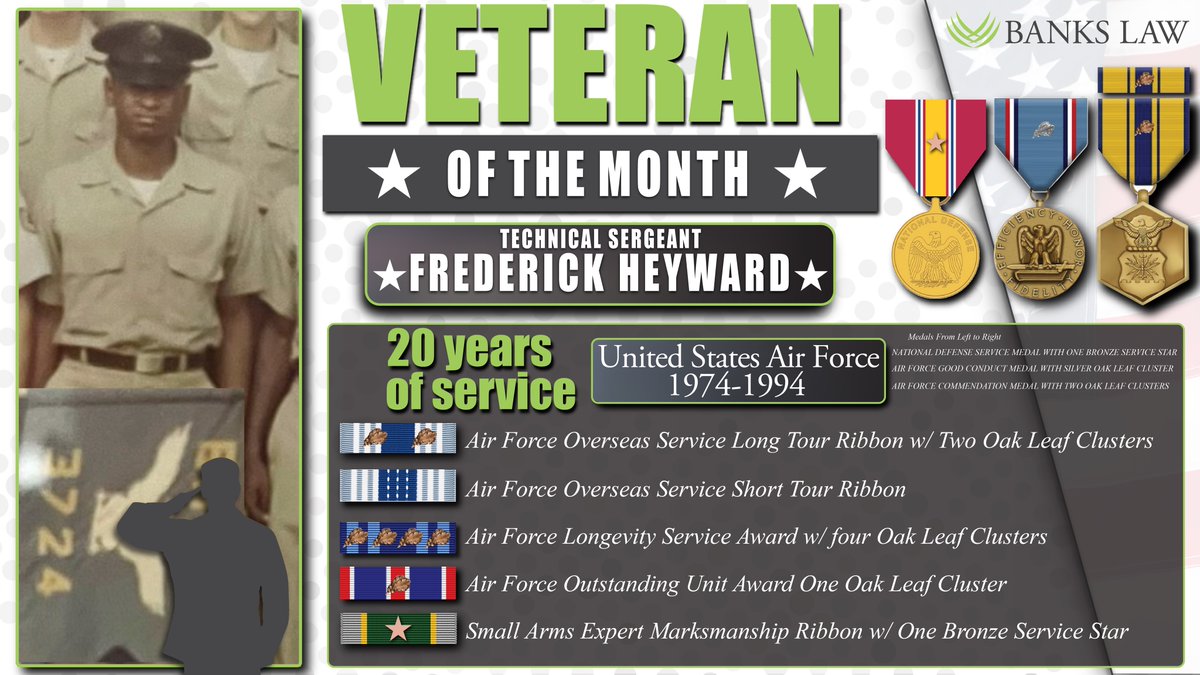 Excited to honor our former client and US Air Force Veteran, Frederick Heyward as Banks Law's Veteran of the Month. Thank you for your service, Veteran Heyward. 

#bankonus #veteran