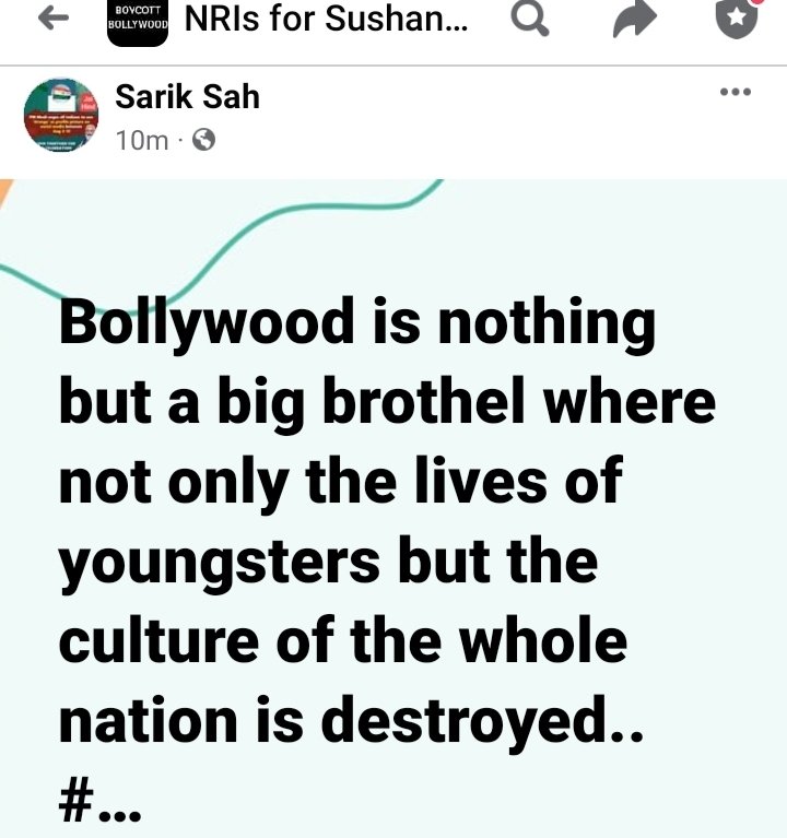 NRIsforSSR's tweet photo. Bollywood is nothing but a big brothel where not only the lives of youngsters but the culture of the whole nation is destroyed..
#BoycottBollywood https://t.co/ZR6dyQ0zGZ