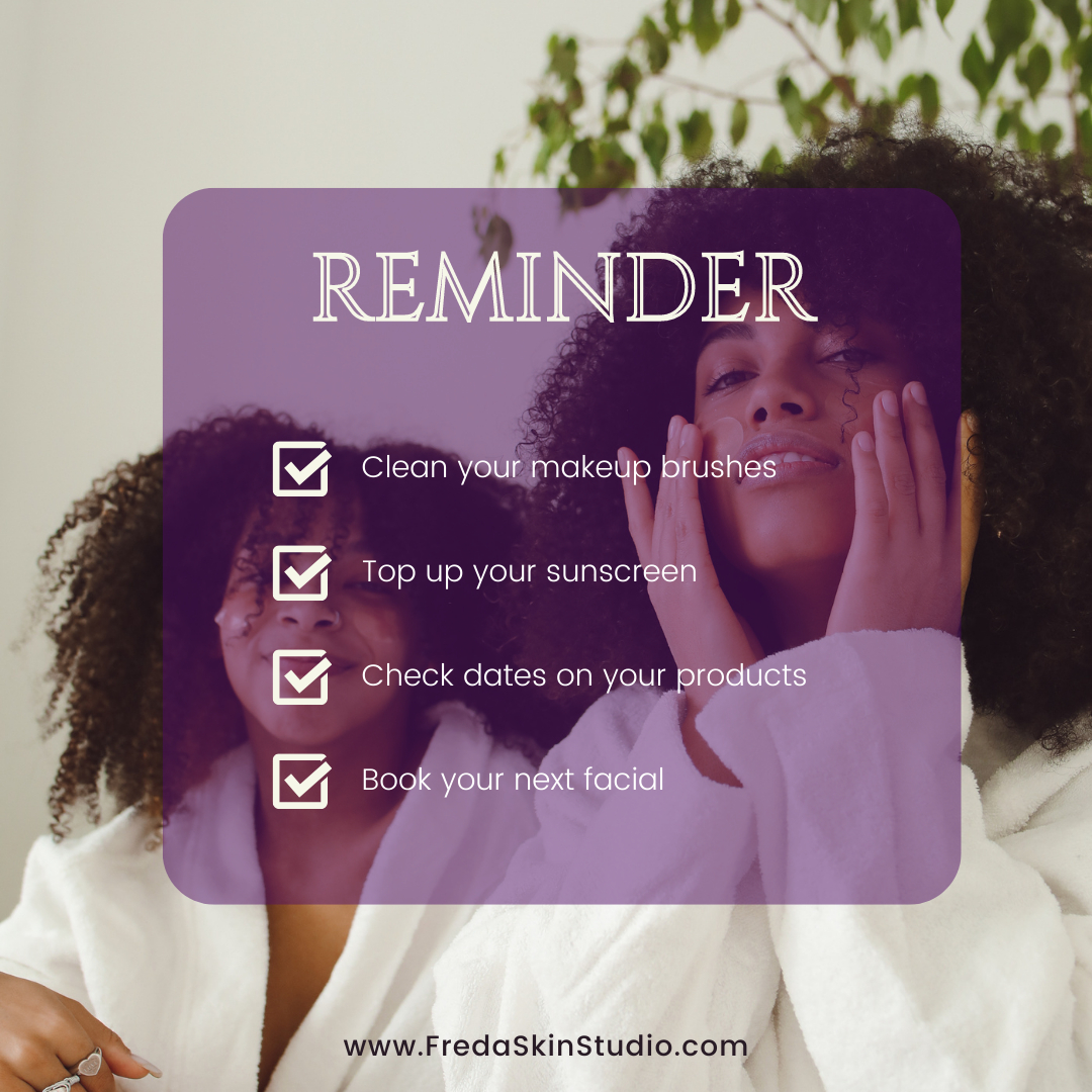 FredaSkinStudio's tweet photo. Hey Gorgeous, this is your reminder to:

☑️ Clean your makeup brushes
☑️ Top up your sunscreen 
☑️ Check the expiration dates on your products
☑️ Book your next facial with us 🧖🏾‍♀️
.
.
.
Freda's Skin Studio
📞 (434)327-8628
📧 info@fredaskinstudio https://t.co/0uvFrMteY4
